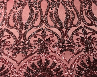 Burgundy Sequins Lace Fabric On a Mesh, DAMASK Design Embroidered On 4 way Stretch Sequin By The Yard -Prom-Gown ( Choose The Size )