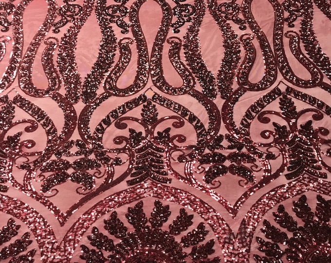 Burgundy Sequins Lace Fabric On a Mesh, DAMASK Design Embroidered On 4 way Stretch Sequin By The Yard -Prom-Gown ( Choose The Size )