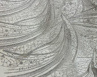 Silver Silver Rhinestones Glitter Fabric on a Mesh By The Yard | Fashion Desing Glitter Rhinestones on Mesh Fabric, Wedding Bridal/Prom