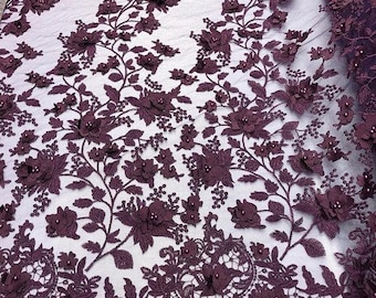 Plum 3D Floral Design Embroider and Beaded With Pearls On a Mesh Lace-Prom-Dresses-Nightgown-Apparel-Fashion By The Yard