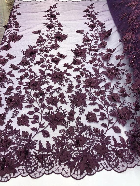 Plum 3D Floral Design Embroider and Beaded With Pearls on a Mesh Lace-prom- dresses-nightgown-apparel-fashion by the Yard - Etsy