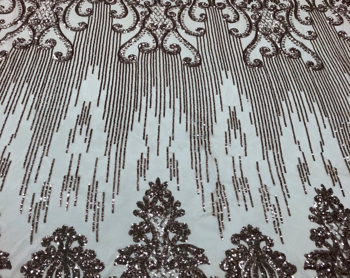 Khaki Sequins Lace Fabric On a Mesh Damask Design Embroidered On 4 way Stretch Sequin By The Yard -Prom-Gown ( Choose The Size )