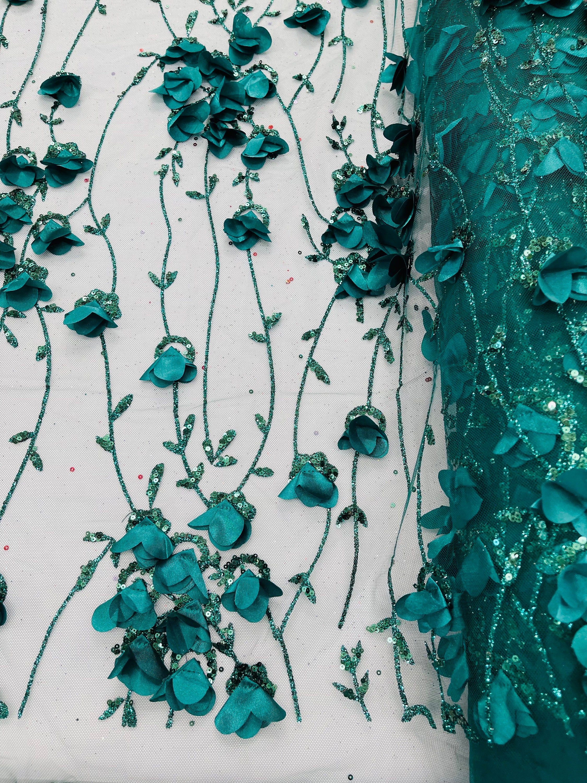 Hunter Green Glitter Tulle Fabric: 3D Flower Sequin Lace, by the Yard ...