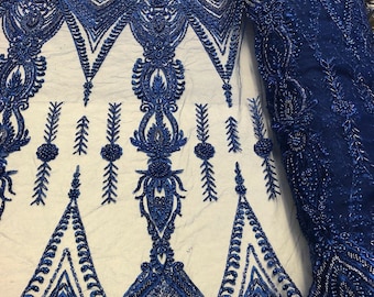Royal Blue Beaded Lace Fabric, Embroidered Mesh, Prom Dress Fabric, by Yard