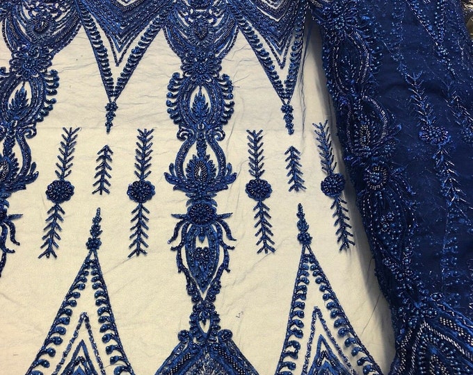 Mia Fabrics Inc, Royal Blue Beaded Fabric - by Yard - Embroider With Pearls and Heavy Beading on a Mesh Lace-dresses-prom