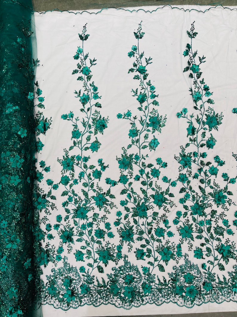 1 Yard Hunter Green 3D Flower Glitter Sequin Fabric, 3D Floral Glitter ...
