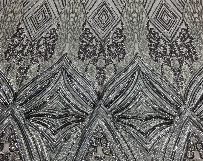 Gray Sequins  4 Way Stretch Geometric Sequins - Nova Design Triangular Fabric for Prom Gala Gown Sold By The Yard