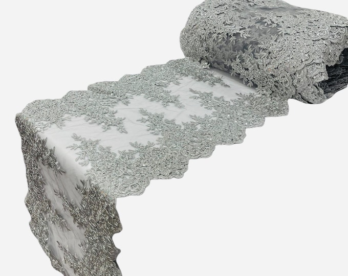 Silver Metallic Floral Lace Fabric For Runner by the yard, 15" Wide Metallic Corded Lace Embroidery With Sequins on a Mesh Lace Fabric