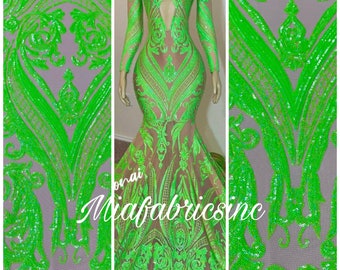 Neón Green Holographic Sequin Fabric by the yard on Nude Mesh 4 Way Stretch - Damask Design Embroidery With Sequins Iridescent (Pick a Size)