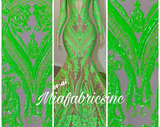 Neón Green Holographic Sequin Fabric by the yard on Nude Mesh 4 Way Stretch - Damask Design Embroidery With Sequins Iridescent (Pick a Size)