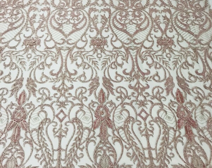 Glam Damask Beaded Fabric, Rose Gold - Embroidered Fashion Fabric with Beads Wedding Bridal Sold By Yard