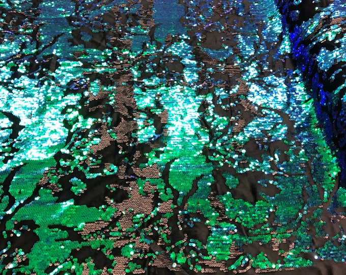 Iridescent Green Sequin on Black Stretch Velvet With Luxury Reversible Sequins Shining Sequins 2-way Stretch 58/60” (Choose The Measure)