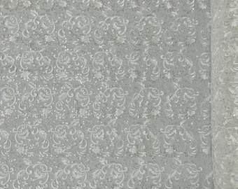 White Floral Lace Fabric with Sequins: Bridal Wedding Dress Material