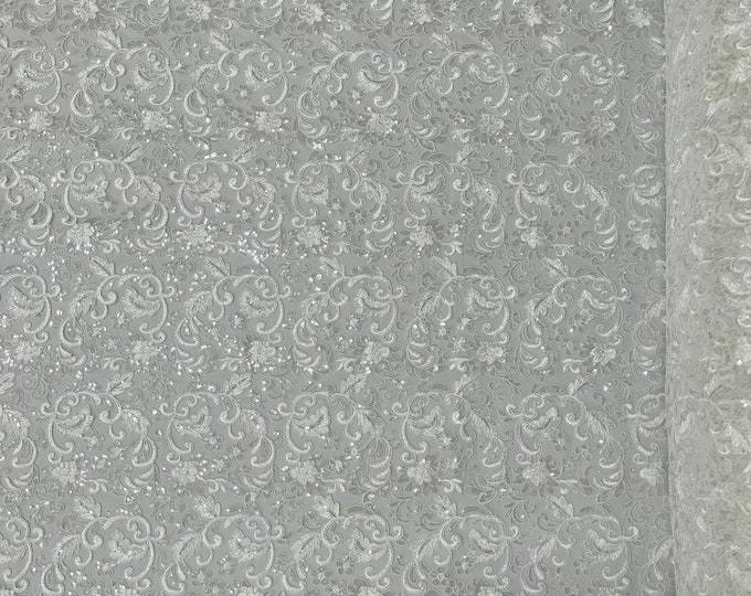 White Floral Lace Fabric By The Yard, Embroidery With Sequins on a Mesh Lace Fabric, Corded sequins Lace Wedding-Bridal-Dress