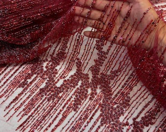 Burgundy Beaded Fabric | Fashion Pattern With Beads and Sequin, Bridal Pearls Prom Dress