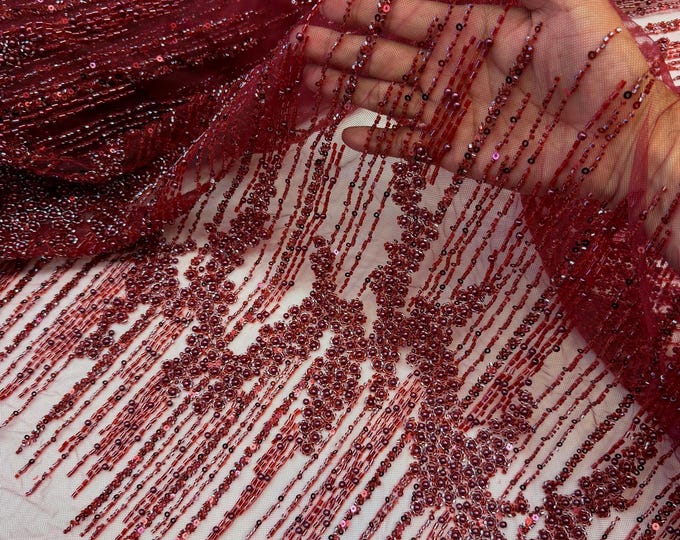 Burgundy Beaded Fabric | Fashion Pattern With Beads and Sequin, Bridal Pearls Prom Dress