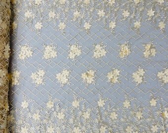 Champagne 3D Floral Lace Fabric with Pearls - Bridal Wedding Decor