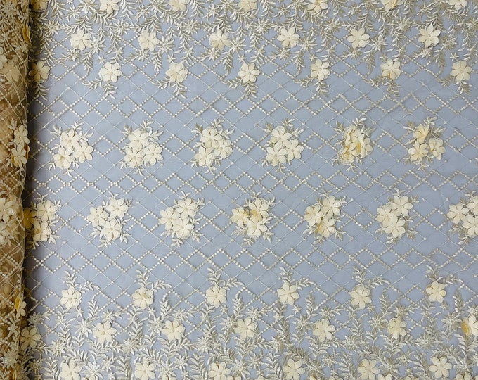 Mia Fabrics Inc, Champagne 3D Floral-Flower With Pearl, 3D Floral-Flower Bridal Wedding Lace Fabric by the Yard (Pick a Size)