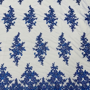 Royal Blue Beaded Sequins Fabric, Embroidery With Beaded Sequin on a Mesh, Floral Bridal Lace Fabric by the yard (Pick a size )
