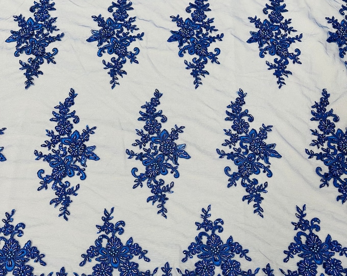 Royal Blue Beaded Sequins Fabric, Embroidery With Beaded Sequin on a Mesh, Floral Bridal Lace Fabric by the yard (Pick a size )