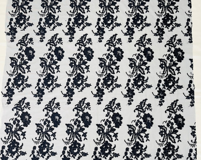 Navy Blue Flower Design Embroidered on Mesh Lace Fabric, Floral Bridal Lace Wedding Dress by the Yard (Pick a Size)