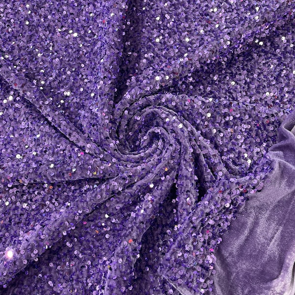 Lavender Sequin Velvet Fabric | on Orchard Stretch Velvet | by the yard | all Over 5mm Sequins Velvet 2-way Stretch 58/60”