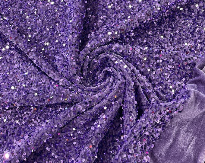 Lavender Sequin Velvet Fabric | on Orchard Stretch Velvet | by the yard | all Over 5mm Sequins Velvet 2-way Stretch 58/60”