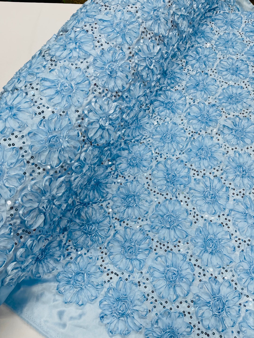 Baby Blue 3D Floral Rosette Satin Fabric With Sequins - Wedding Decor ...