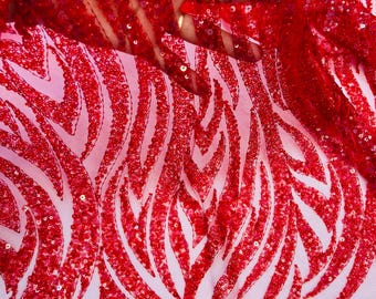 Red Beaded & Sequined Lace Fabric: Embroidered Mesh, Bridal Wedding Dress