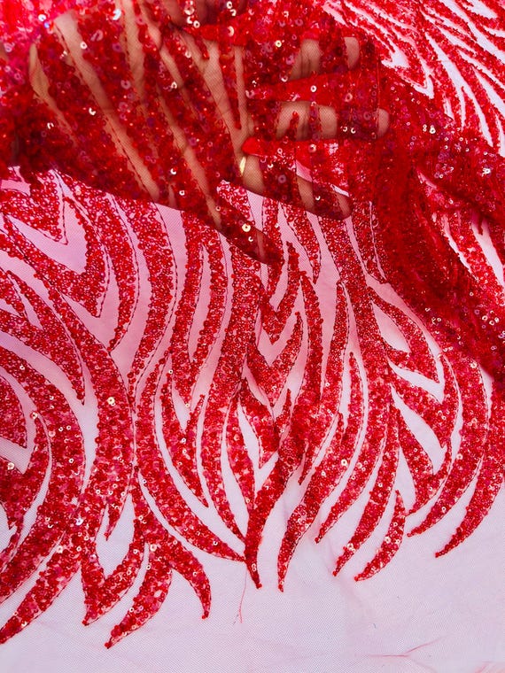 Red Beaded Sequined Lace Fabric: Embroidered Mesh, Bridal