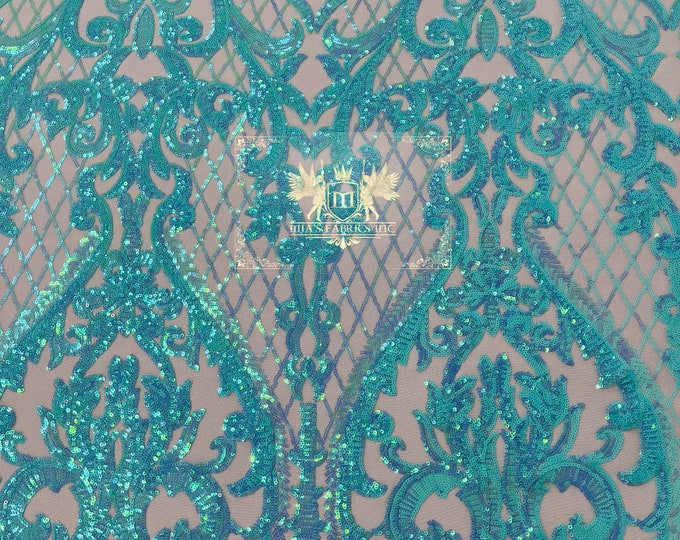 Mint Iridescent Sequins Fabric | Mint 4 Way Stretch Mesh | Embroidered Damask Design With Iridescent Sequin Lace Prom-Gown by the yard