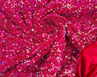 Hot Pink Iridescent Sequin Stretch Velvet Fabric - 5mm Sequins