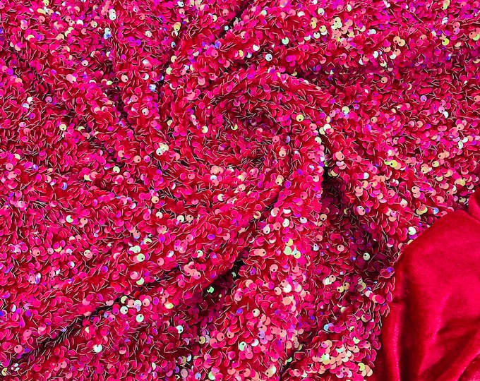 Hot Pink Iridescent Sequin Velvet Fabric | on  Stretch Velvet | by the yard | all Over 5mm Sequins Velvet 2-way Stretch 58/60”