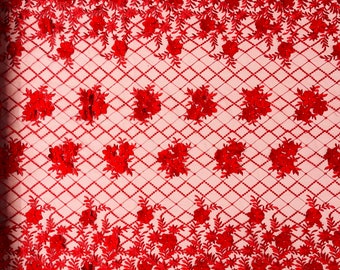 Red 3D Floral Lace Fabric with Pearls: Bridal Wedding Dress Material