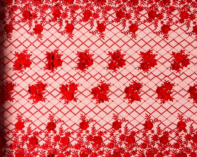 Mia Fabrics Inc, Red 3D Floral-Flower With Pearl, 3D Floral-Flower Bridal Wedding Lace Fabric by the Yard (Pick a Size)