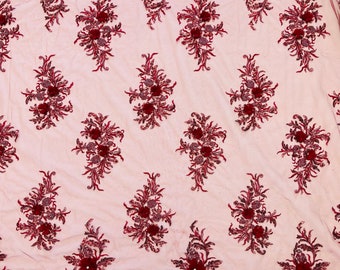 Burgundy Beaded 3D Floral Design Embroidery With Beaded/Rhinestones on a Mesh | Sequins Mesh 3D Flower Apparel-Fashion-Prom by the yard
