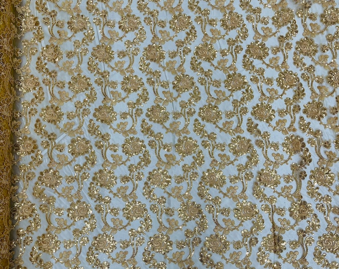 Gold Flowers With Sequins Corded Lace On Mesh Fabric By The Yard Used For -Dress-Bridal-Fashion