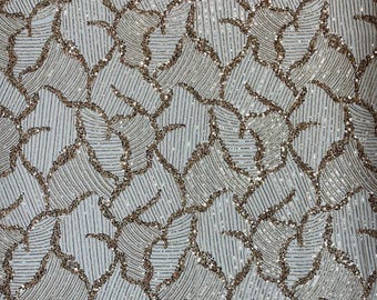 Champagne Beaded Damask Fabric: Bridal Sequin Appliqué Lace