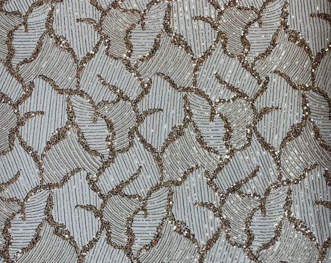Champagne Beaded Fabric by the yard, Bridal beaded, Damask Pattern With Beads and Sequin, Appliqué lace for bridals,weddings,prom dress