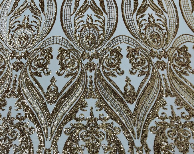 Gold Sequin Fabric - 4 Way Stretch Fancy Big Damask Design Sequins on Spandex Mesh Prom Gala Gown Fabric By The Yard