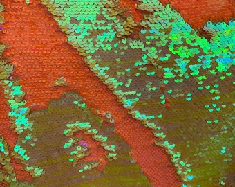 Iridescent Orange/Green Flip Up Sequins Reversible, 2-Way Stretch 58/60” Sequin Fabric Dresses-Nightgowns-Prom Gown (Choose The Quantity)