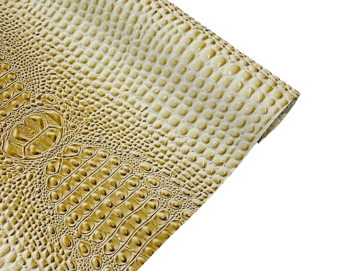 Butter Cream Gator 3D Embossed Vinyl Fabric - By Yard Glossy Crocodile 2 Tone Faux Leather