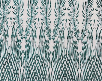 Hunter Green Glitter Fabric on a Mesh By The Yard, Glitters Damask Fashion Design, Glitter Sequin on Mesh Fabric, Sparkle Glitter Prom-Dress
