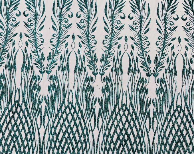Hunter Green Glitter Fabric on a Mesh By The Yard, Glitters Damask Fashion Design, Glitter Sequin on Mesh Fabric, Sparkle Glitter Prom-Dress