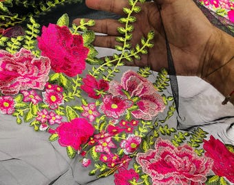 Fuchsia Oaxaca Lace Fabric By Yard, Multi Color Floral and Leaves Embroidery on (Black Mesh)Lace Fabric Mexican Sarape 3D Flower Quinceanera