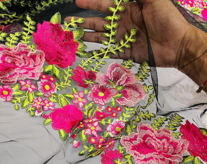 Fuchsia Oaxaca Lace Fabric By Yard, Multi Color Floral and Leaves Embroidery on (Black Mesh)Lace Fabric Mexican Sarape 3D Flower Quinceanera