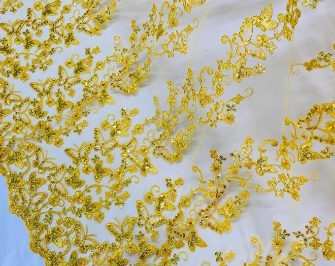 Lilac Hologram Sequin Butterfly Lace Fabric: Corded Embroidery with Sequins on a Mesh