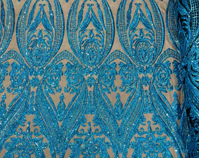Turquoise Holographic Sequins | Black Mesh Way Stretch Fancy Big Damask Design Sequins on Mesh Prom Gala Gown Fabric By The Yard