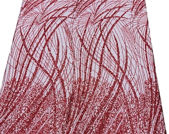 Red Fashion Design Beads and Sequins, Beaded Fabric Embroidered on a Mesh Lace,Wedding,Bridal,Dress Sold By The Yard