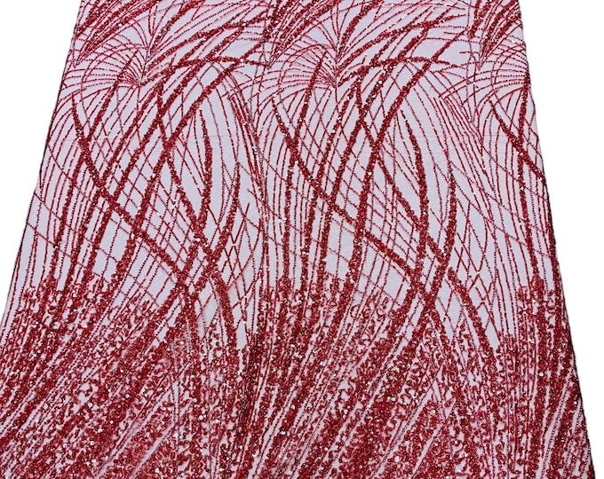 Red Fashion Design Beads and Sequins, Beaded Fabric Embroidered on a Mesh Lace,Wedding,Bridal,Dress Sold By The Yard